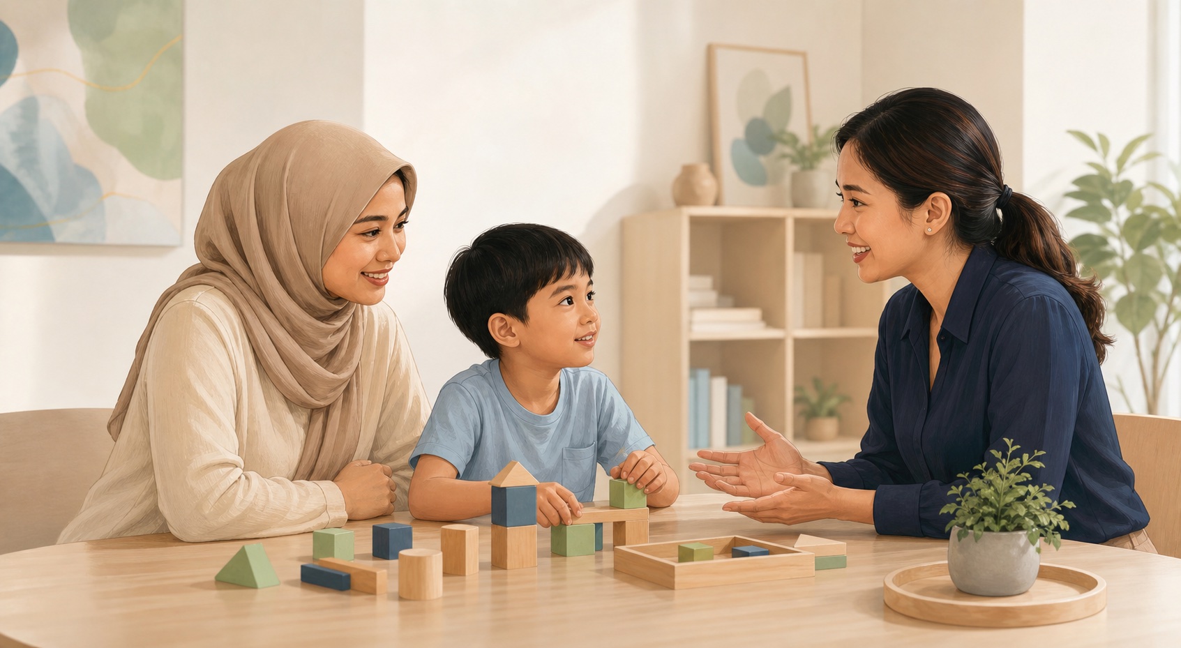 Ibu dan anak berbincang dengan profesional kanak-kanak dalam suasana mesra
